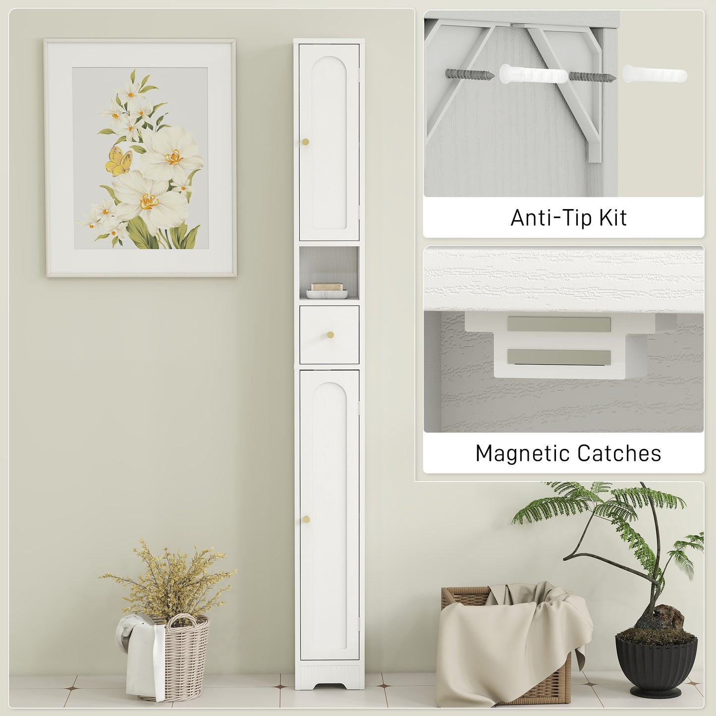 20cm Slim Bathroom Storage Cabinet with Adjustable Shelves White