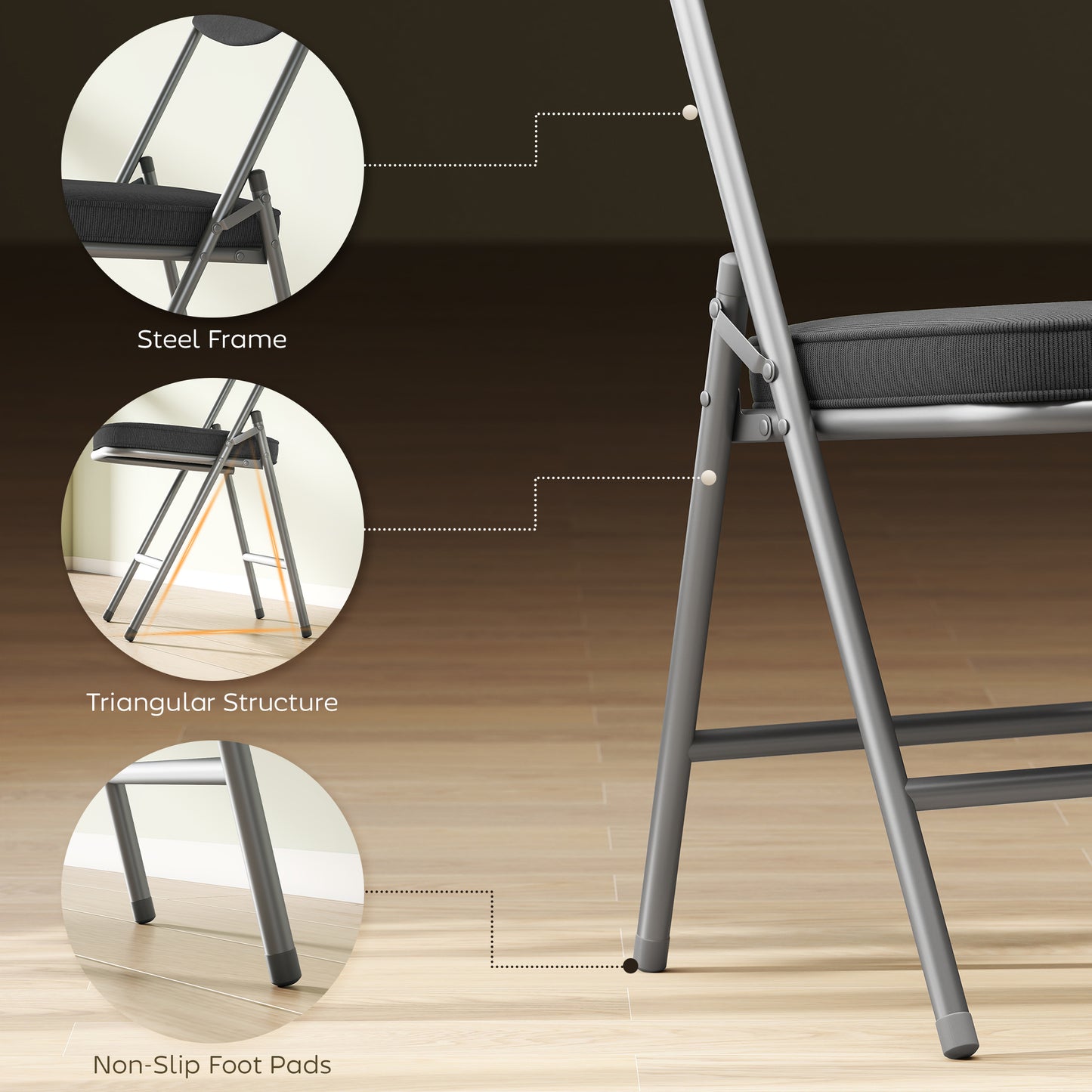 Folding Chairs Set of 4 with Cushioned Seat, Steel Frame, Dark Grey