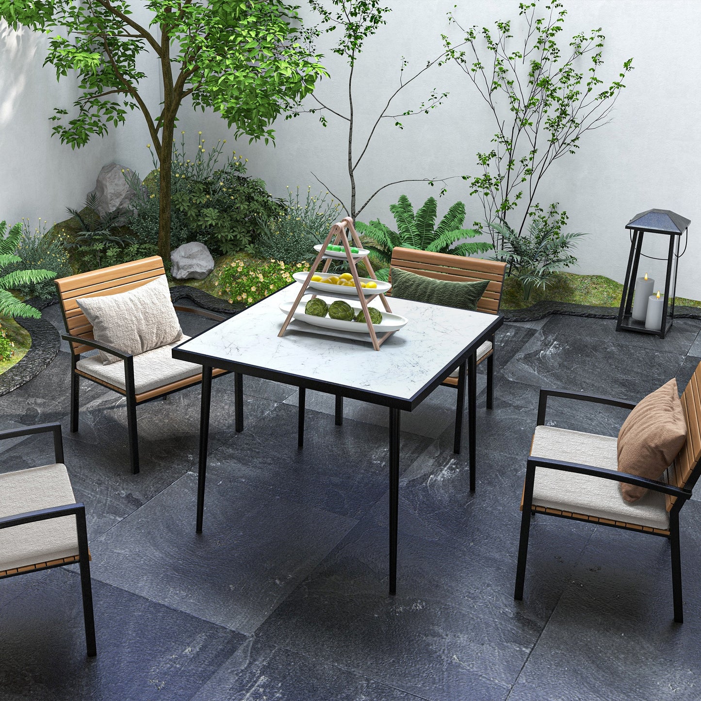 Outdoor Dining Table for 4 with Marble Effect Tempered Glass Top White