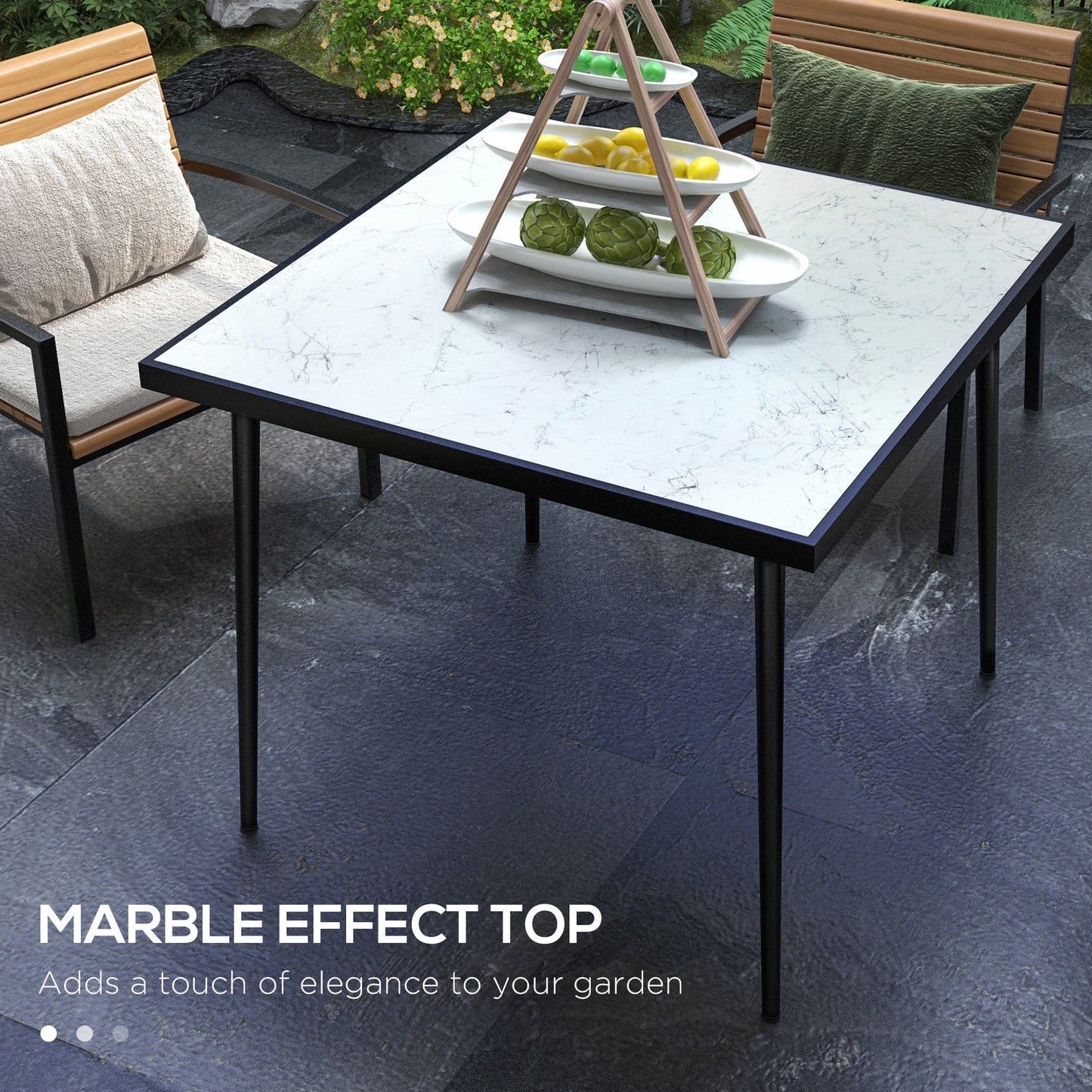 Outdoor Dining Table for 4 with Marble Effect Tempered Glass Top White