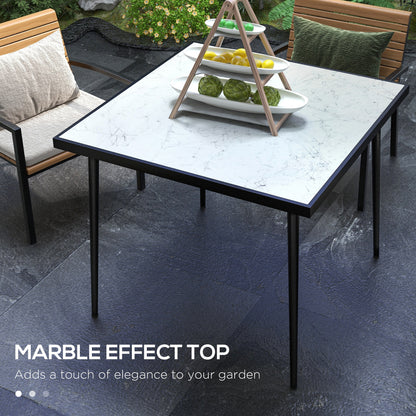Outdoor Dining Table for 4 with Marble Effect Tempered Glass Top White