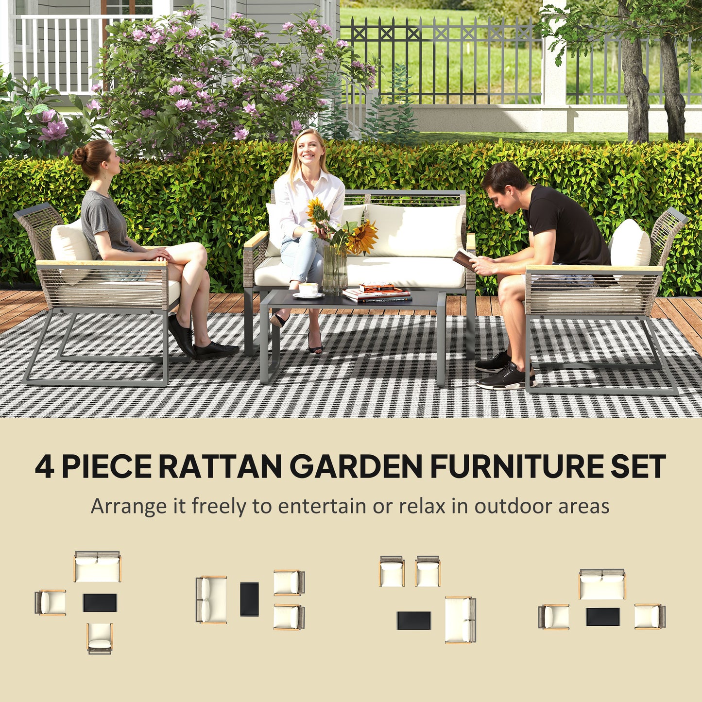 4 Seater Round Wicker Rope Garden Furniture Set with Cushions Grey
