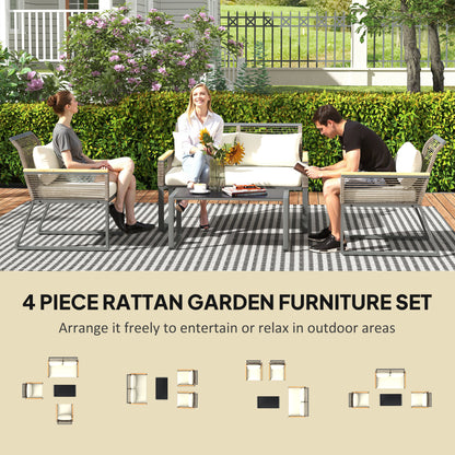 4 Seater Round Wicker Rope Garden Furniture Set with Cushions Grey