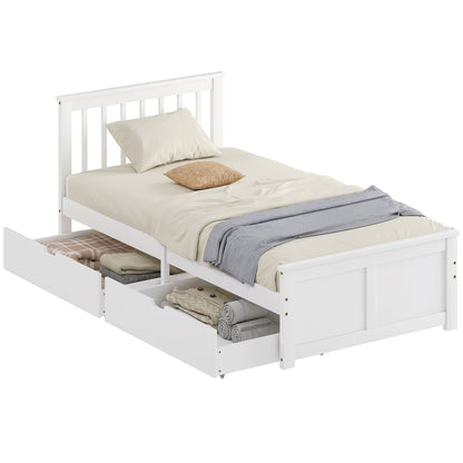 Wooden Single Storage Bed with 2 Drawers, Pine Wood Bed Frame, 90 x 190 cm, White