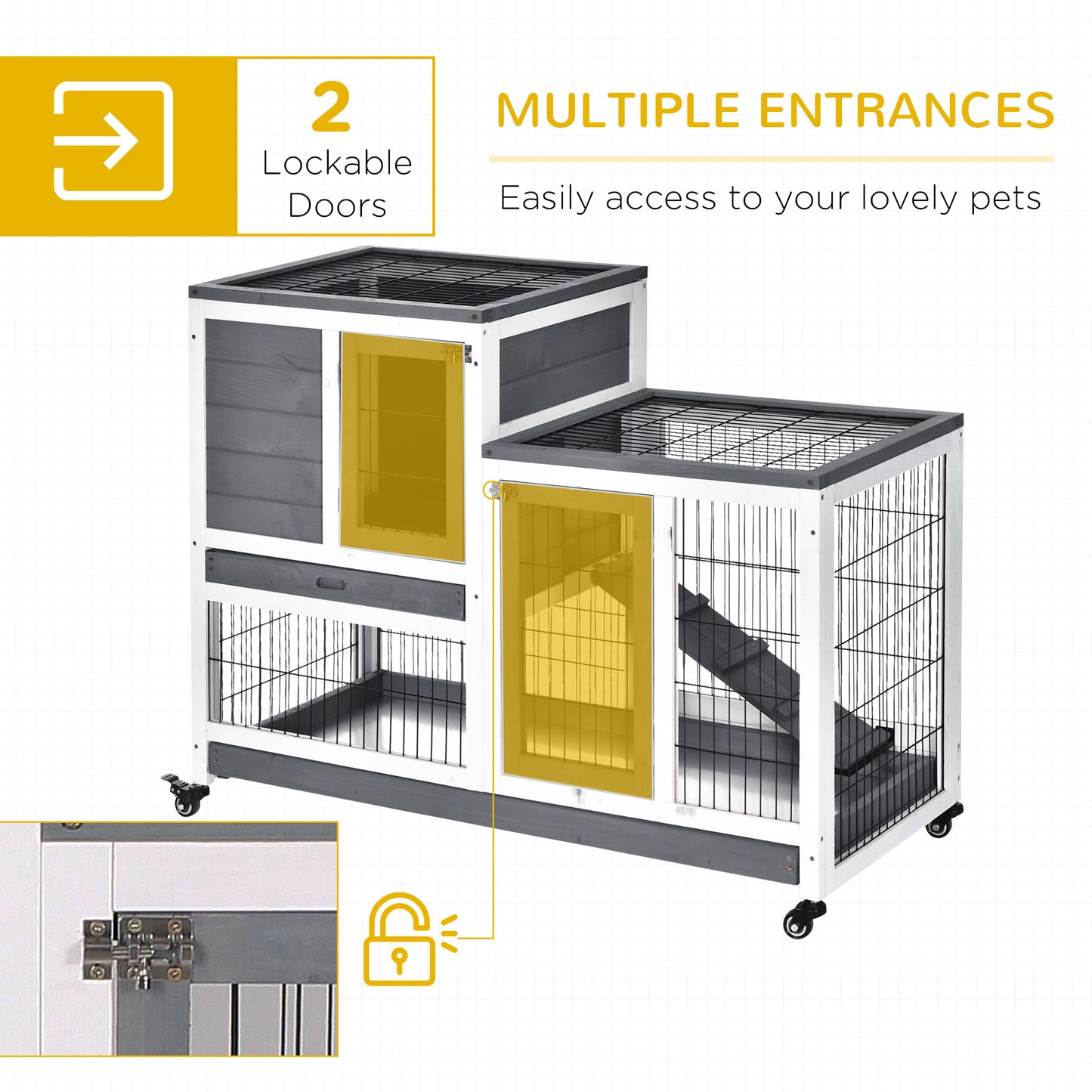 Wooden Indoor Rabbit Hutch Guinea Pig House Bunny Small Animal Cage W/ Wheels Enclosed Run 110 x 50 x 86 cm, Grey