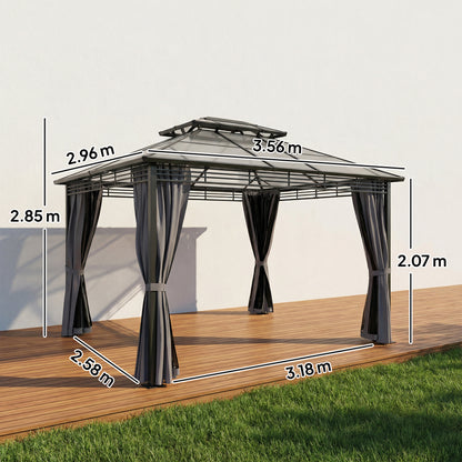 3 x 3.6 m Hardtop Gazebo with Sides, 2-Tier Roof Garden Gazebo