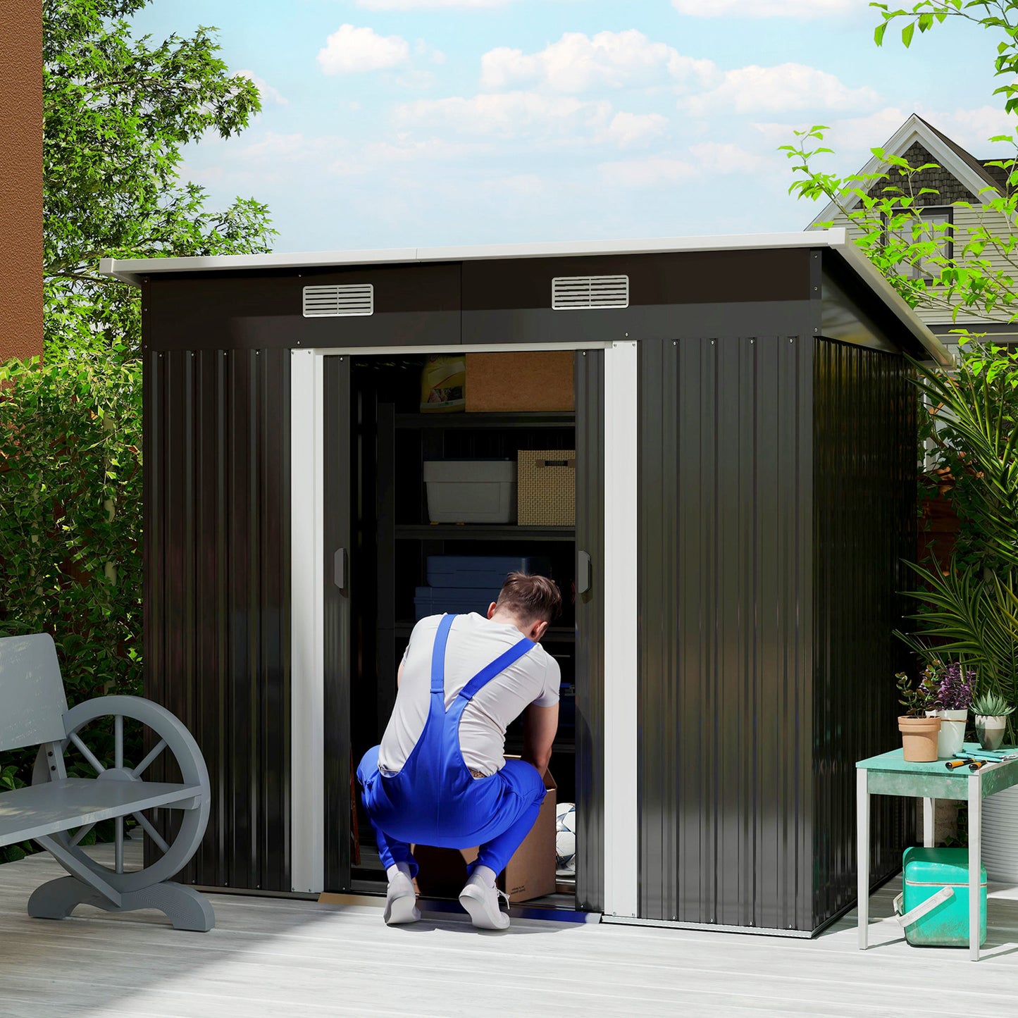 7 x 4ft Outdoor Storage Shed with Foundation Kit, Lean to Metal Garden Shed for Log, Rubbish Bin, Tool, Bike, Black