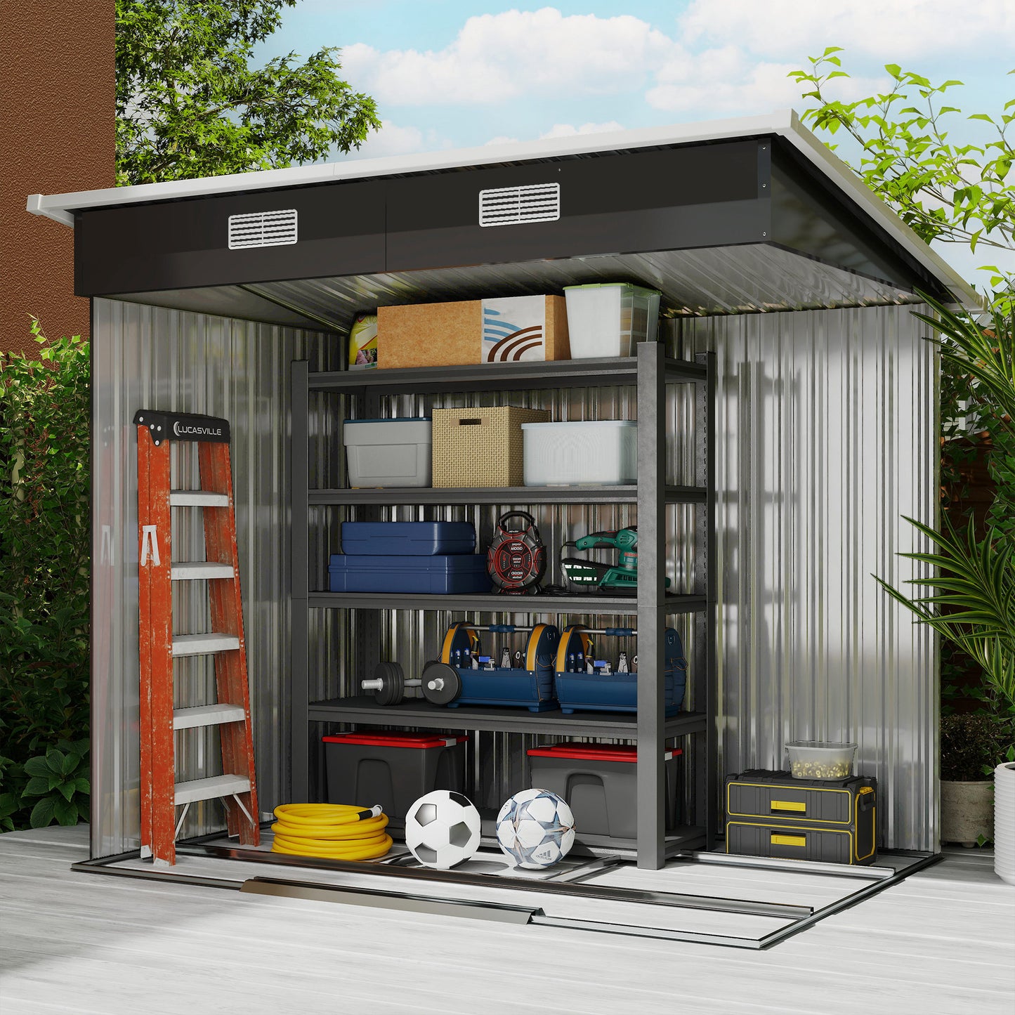 7 x 4ft Outdoor Storage Shed with Foundation Kit, Lean to Metal Garden Shed for Log, Rubbish Bin, Tool, Bike, Black