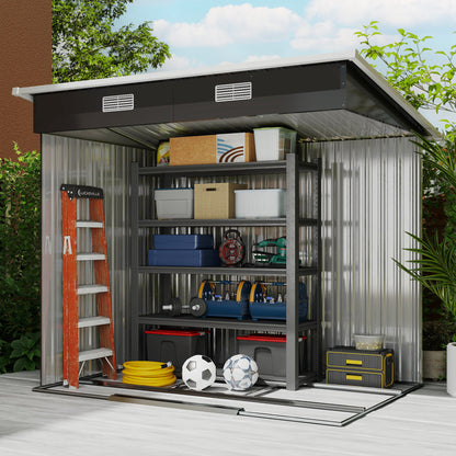 7 x 4ft Outdoor Storage Shed with Foundation Kit, Lean to Metal Garden Shed for Log, Rubbish Bin, Tool, Bike, Black