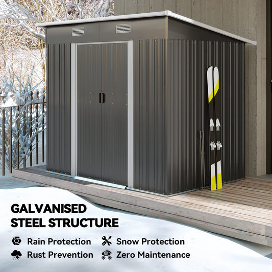 7 x 4ft Outdoor Storage Shed with Foundation Kit, Lean to Metal Garden Shed for Log, Rubbish Bin, Tool, Bike, Black