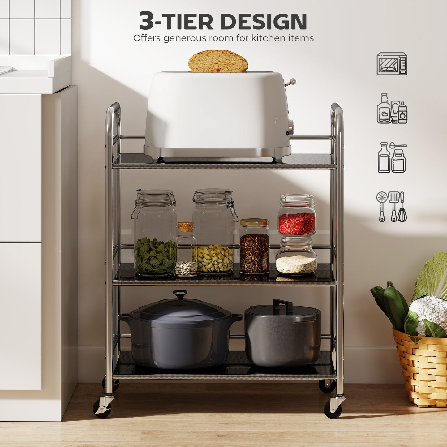 3 Tier Kitchen Trolley on Wheels Serving Cart with Handles Silver