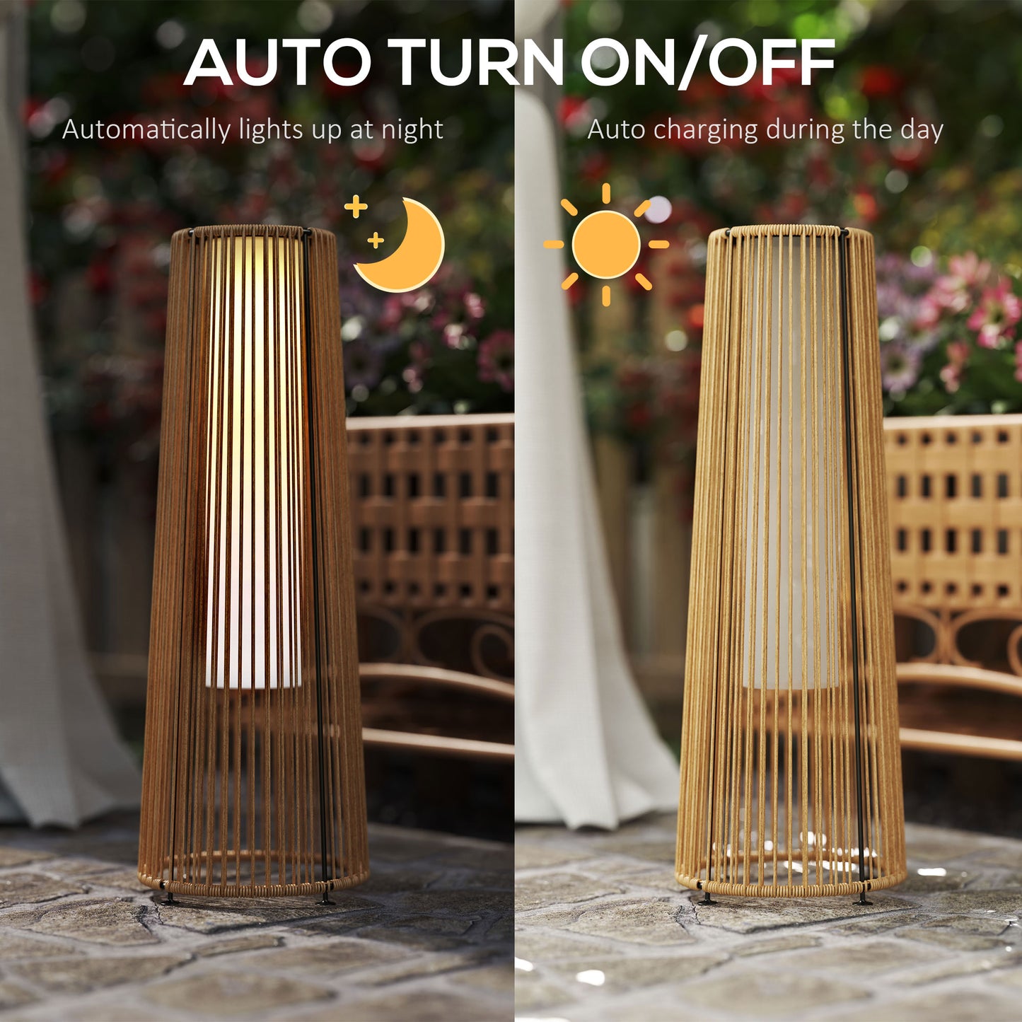 Garden Solar Powered Lights Woven Wicker Lantern Auto On/Off, Beige