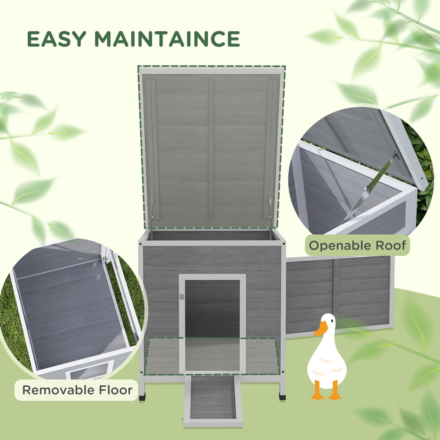 Wooden Duck House, Poultry Coop w/ Double Doors, Openable Roof, Grey