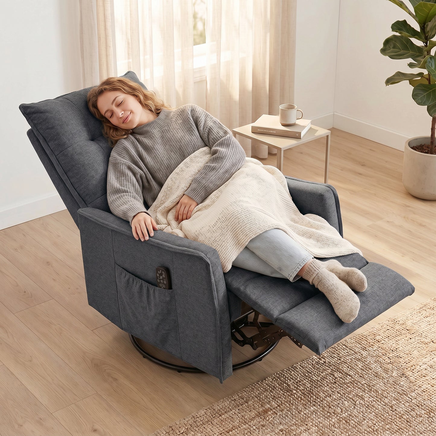 Recliner Armchair, Chenille Recliner Chair with Massage and Heat, 360° Swivel Rocking Manual Reclining Chair with Side Pockets for Living Room, Dark Grey