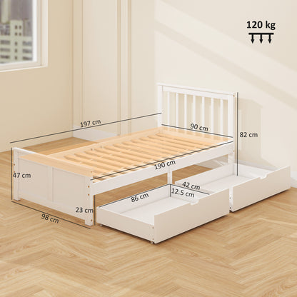 Wooden Single Storage Bed with 2 Drawers, Pine Wood Bed Frame, 90 x 190 cm, White
