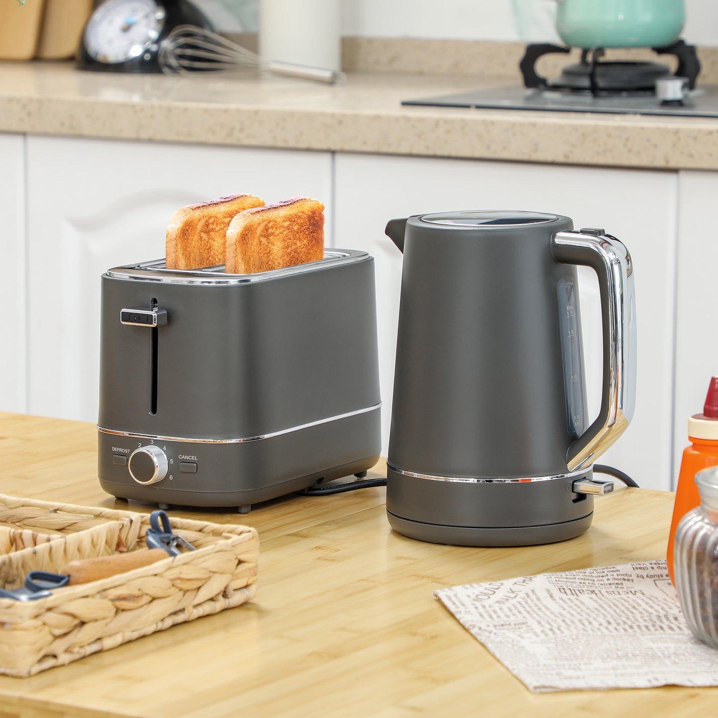 1.7L 3000W Fast Boil Electric Kettle and 2 Slice Toaster Set, Grey