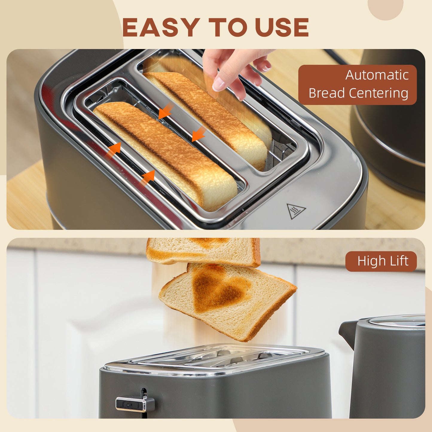 1.7L 3000W Fast Boil Electric Kettle and 2 Slice Toaster Set, Grey