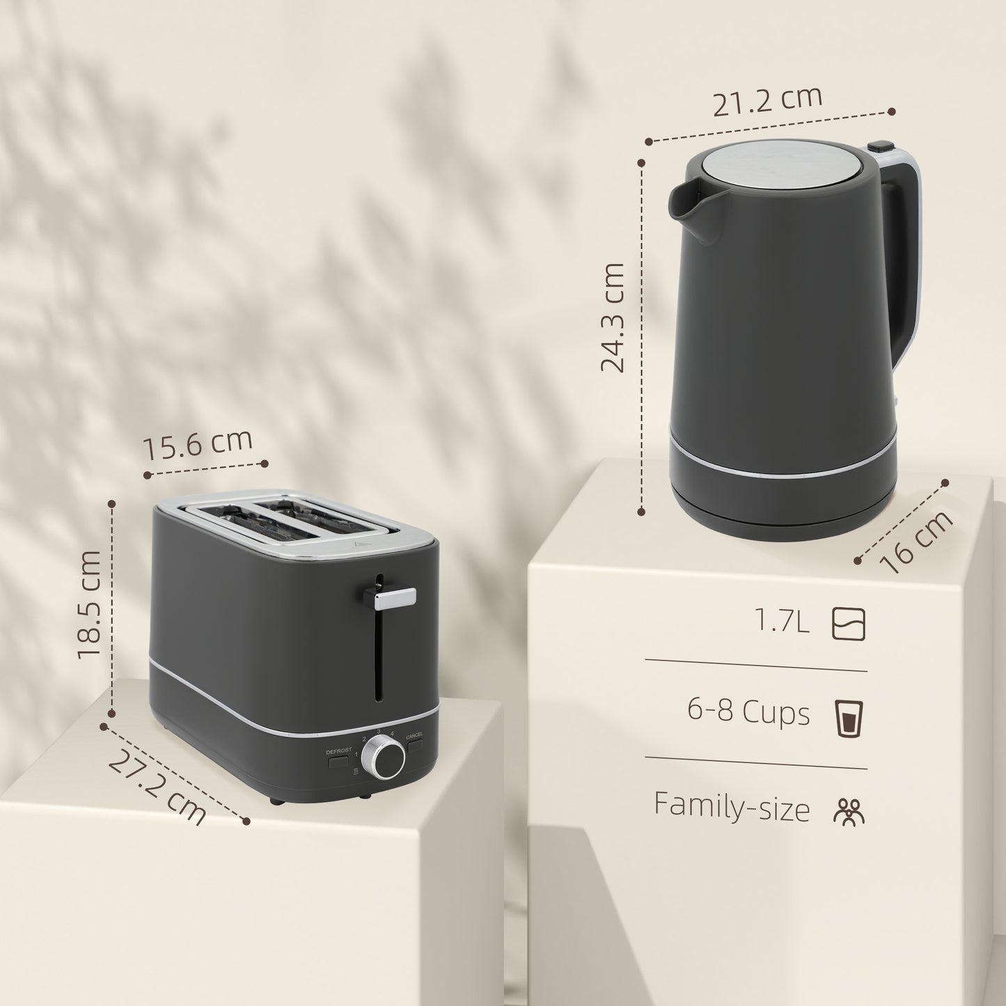 1.7L 3000W Fast Boil Electric Kettle and 2 Slice Toaster Set, Grey