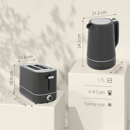 1.7L 3000W Fast Boil Electric Kettle and 2 Slice Toaster Set, Grey
