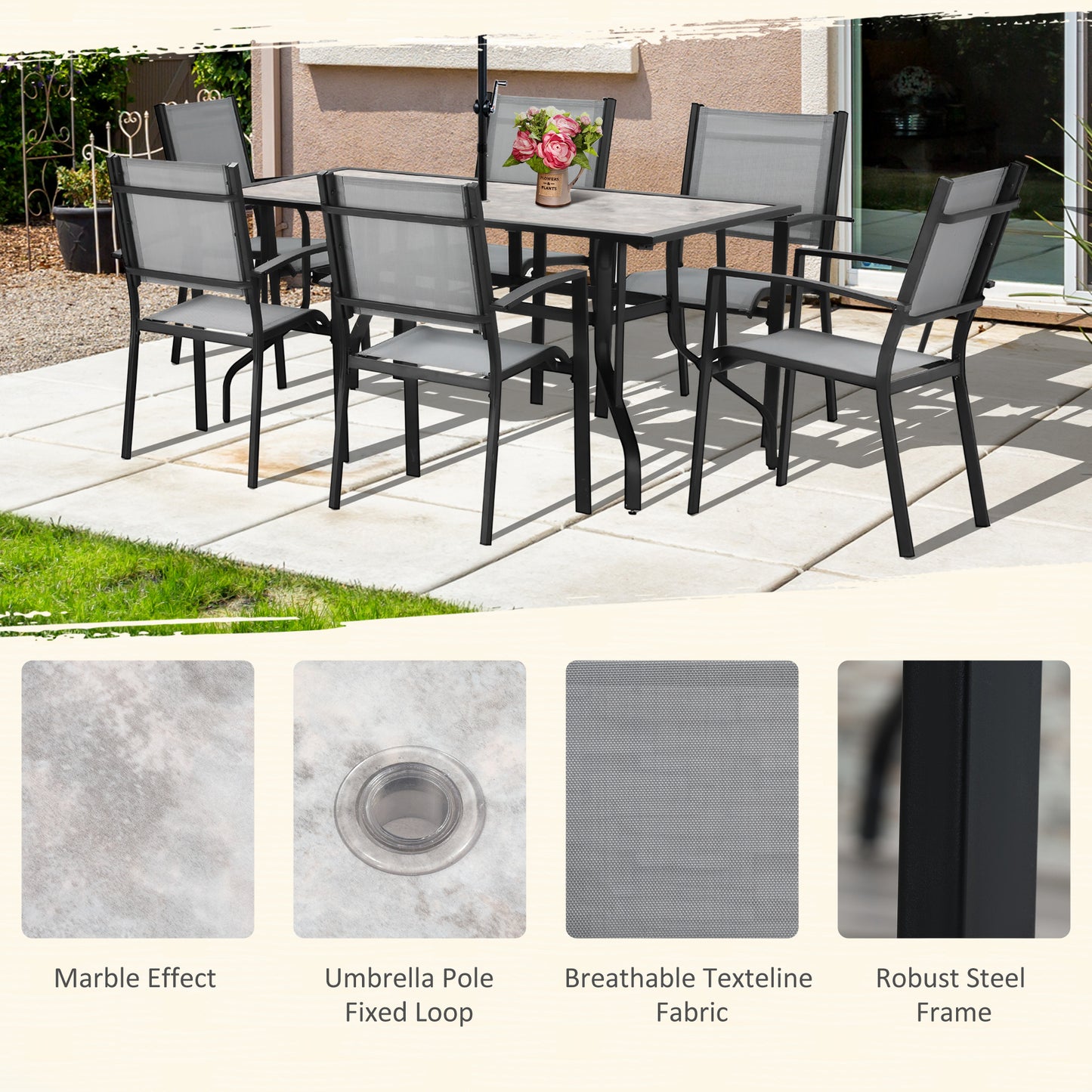 7 Piece Garden Dining Set, Armchairs and Table with Parasol Hole, 6 Seater Outdoor Patio Furniture with Texteline Seat for Backyard, Grey