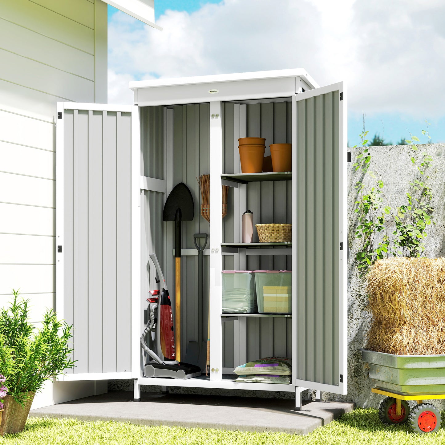 Outdoor Storage Cabinet with Removable Shelves, White and Black