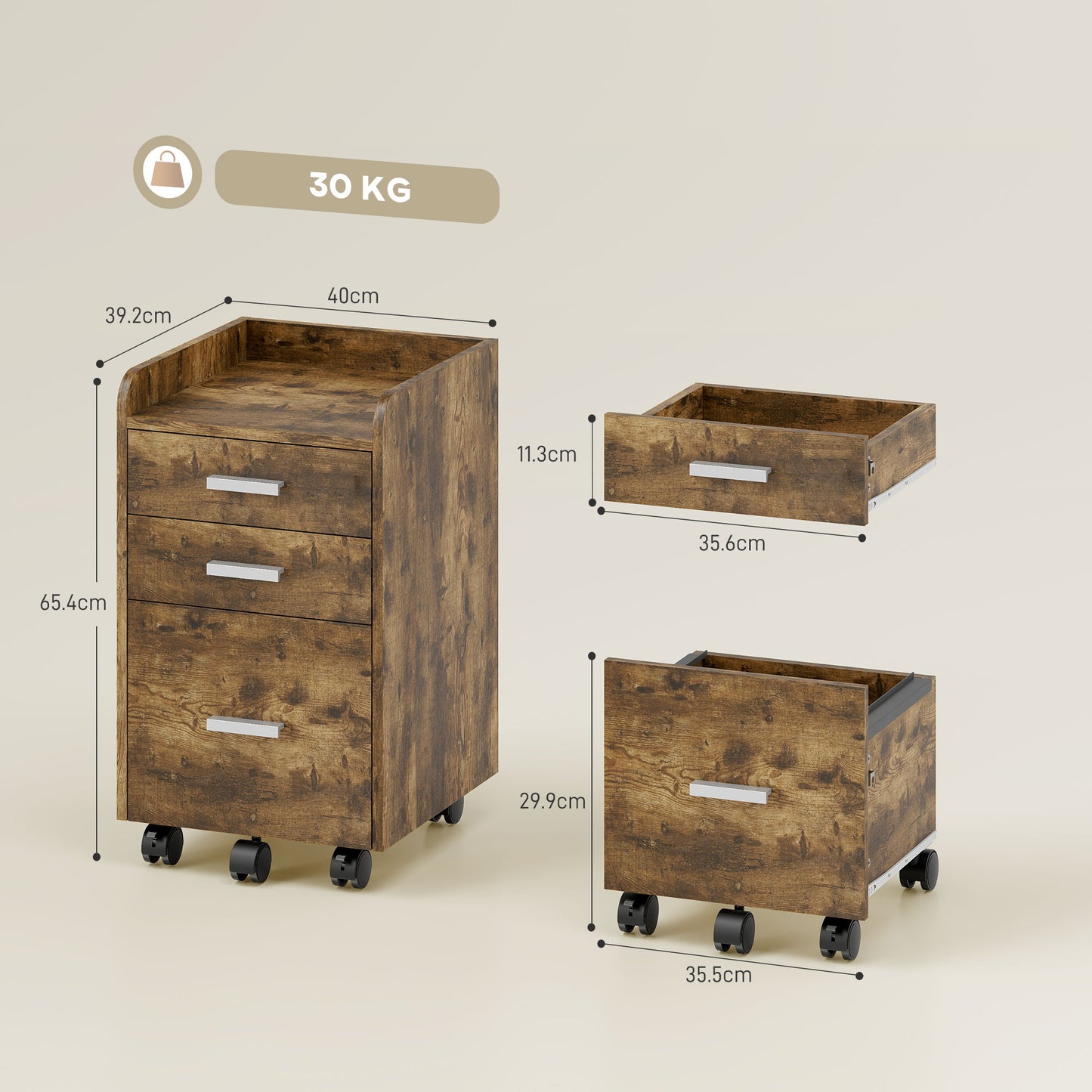 Mobile Filing Cabinet, File Cabinet with 3 Drawers, Rustic Brown