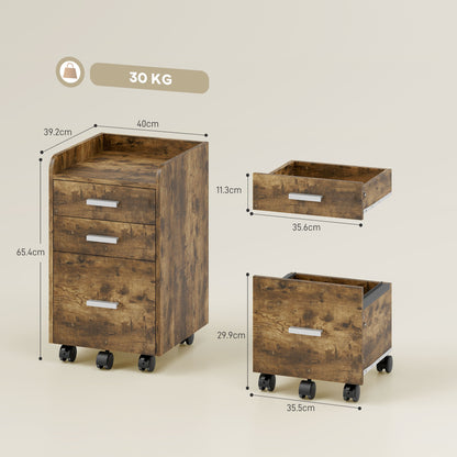 Mobile Filing Cabinet, File Cabinet with 3 Drawers, Rustic Brown