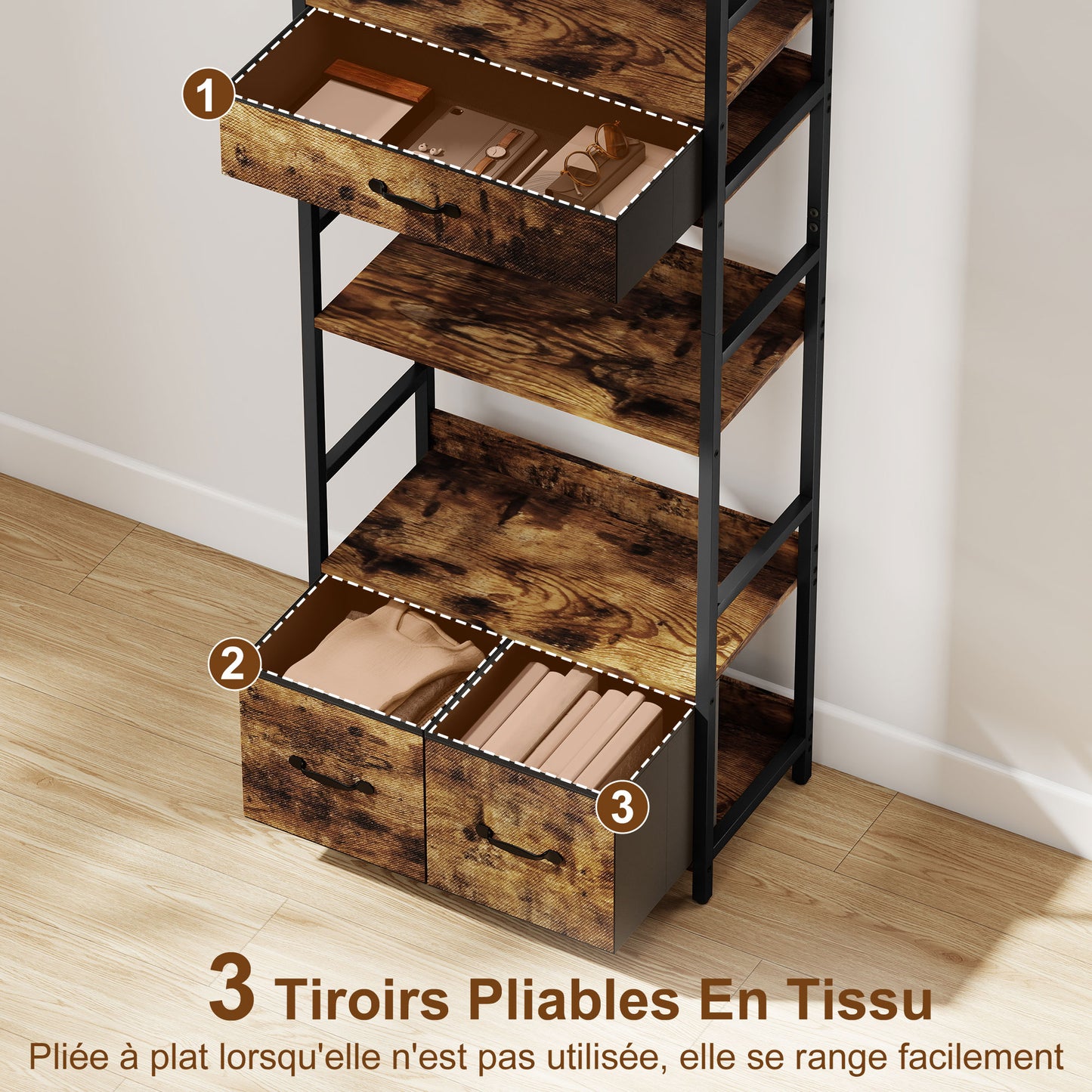 Industrial Bookshelf with 4 Shelves and 3 Fabric Drawers Rustic Brown