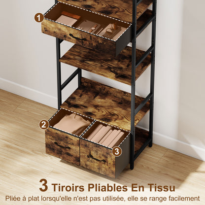 Industrial Bookshelf with 4 Shelves and 3 Fabric Drawers Rustic Brown
