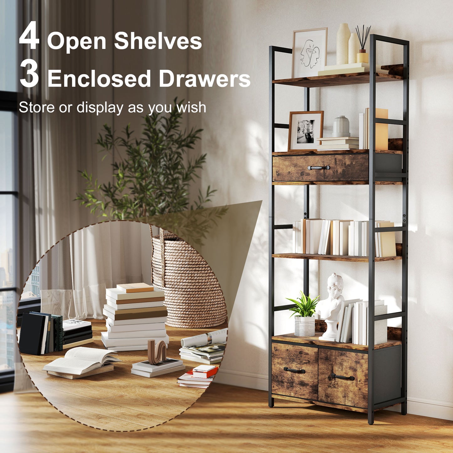 Industrial Bookshelf with 4 Shelves and 3 Fabric Drawers Rustic Brown