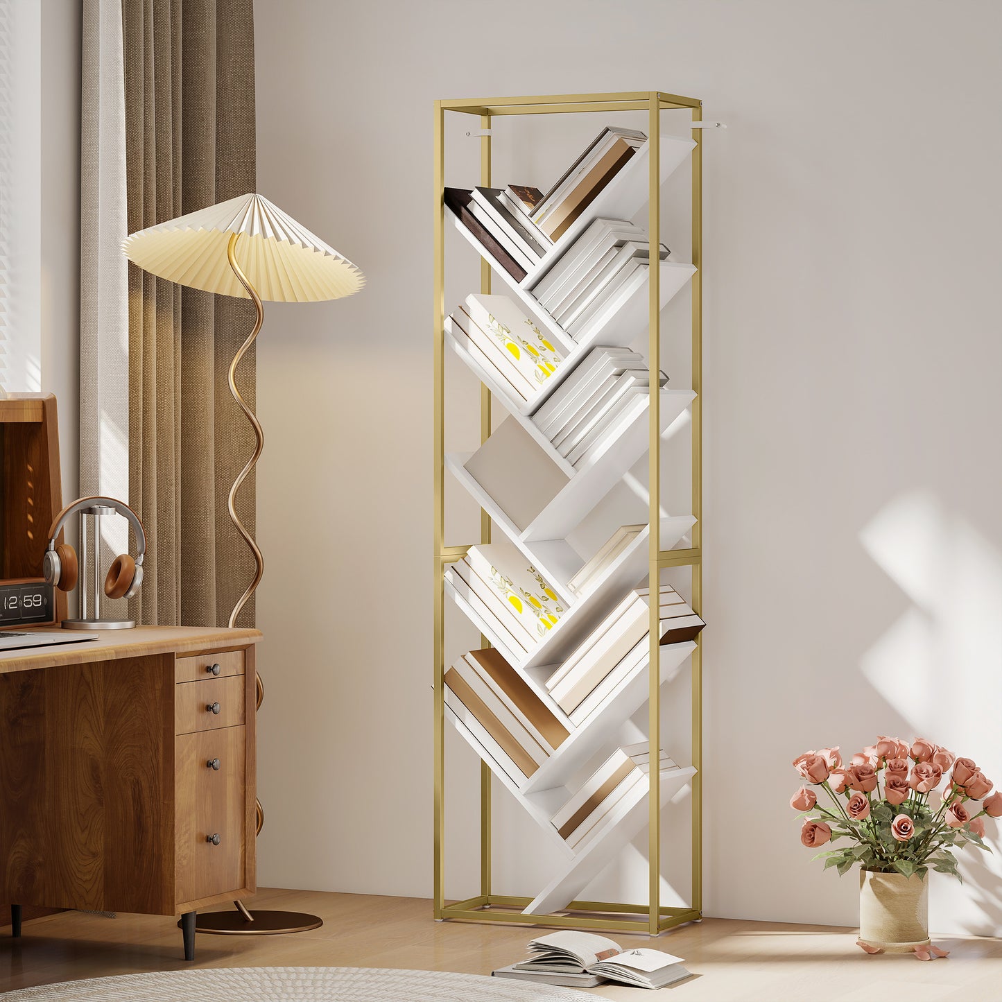 10 Tier Tree Bookshelf Modern Tall Bookcase White Gold Tone