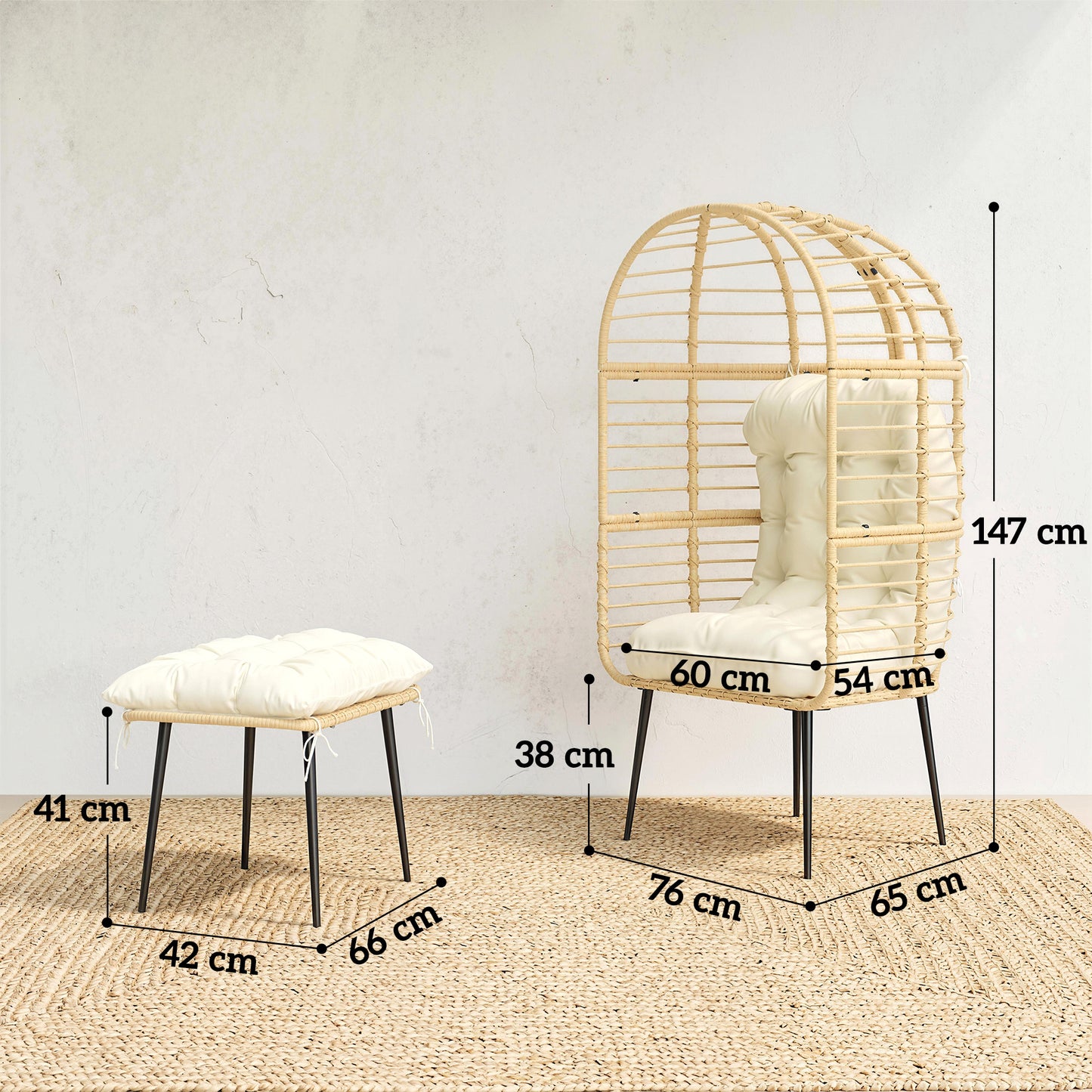 Standing Garden Egg Chair with Footstool, PE Rattan Outdoor Lounge Chair and Ottoman Set with Thick Cushions, Indoor Outdoor Egg Basket Seating for Patio Balcony Porch, Beige