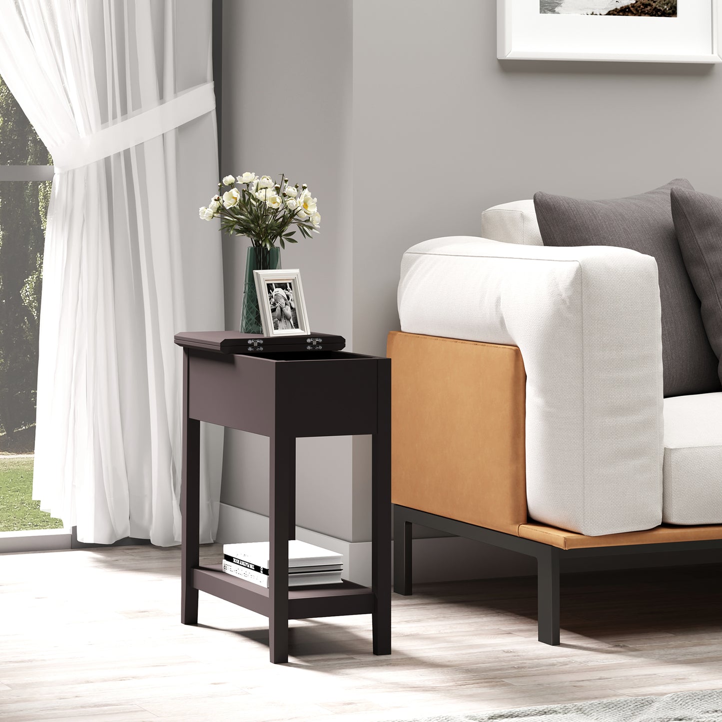 End Table, Narrow Side Table with Flip Top, Bottom Shelf