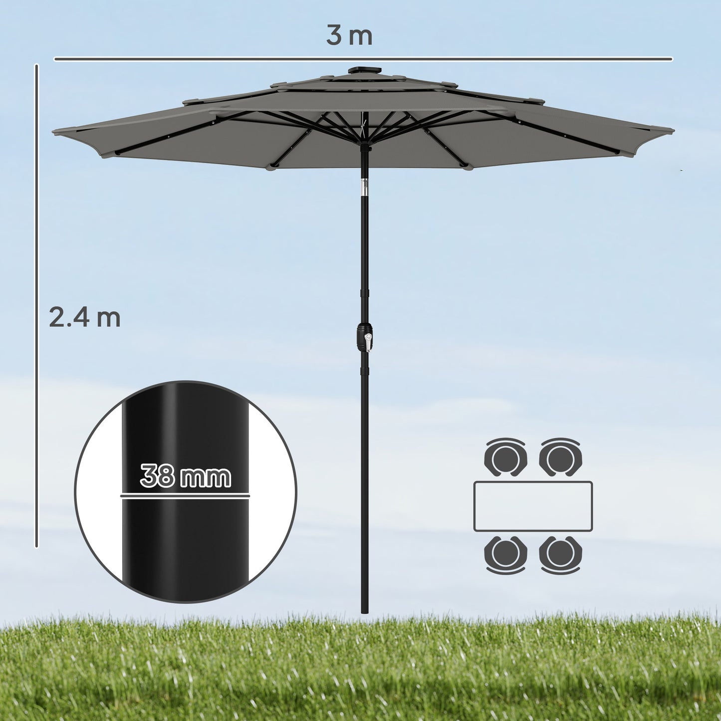 Garden Parasol, Outdoor Umbrella with Tilt Function, Grey