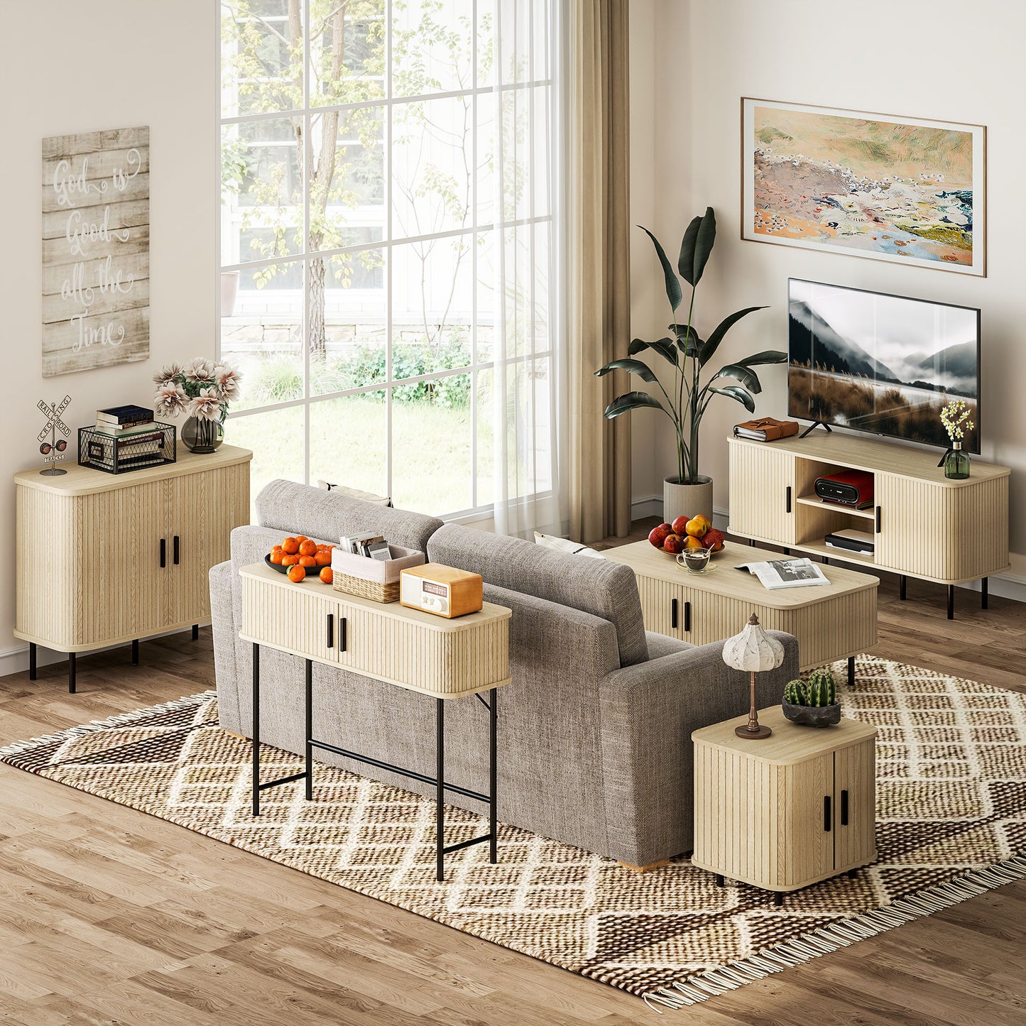 Sideboard Storage Cabinet with Slatted Tambour Sliding Doors Oak Tone