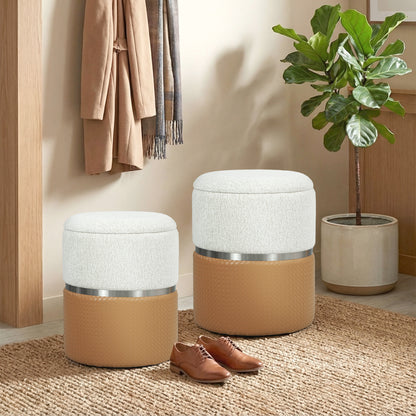 Round Storage Ottoman Set of 2, Nesting Footrest Stool, Cream & Brown