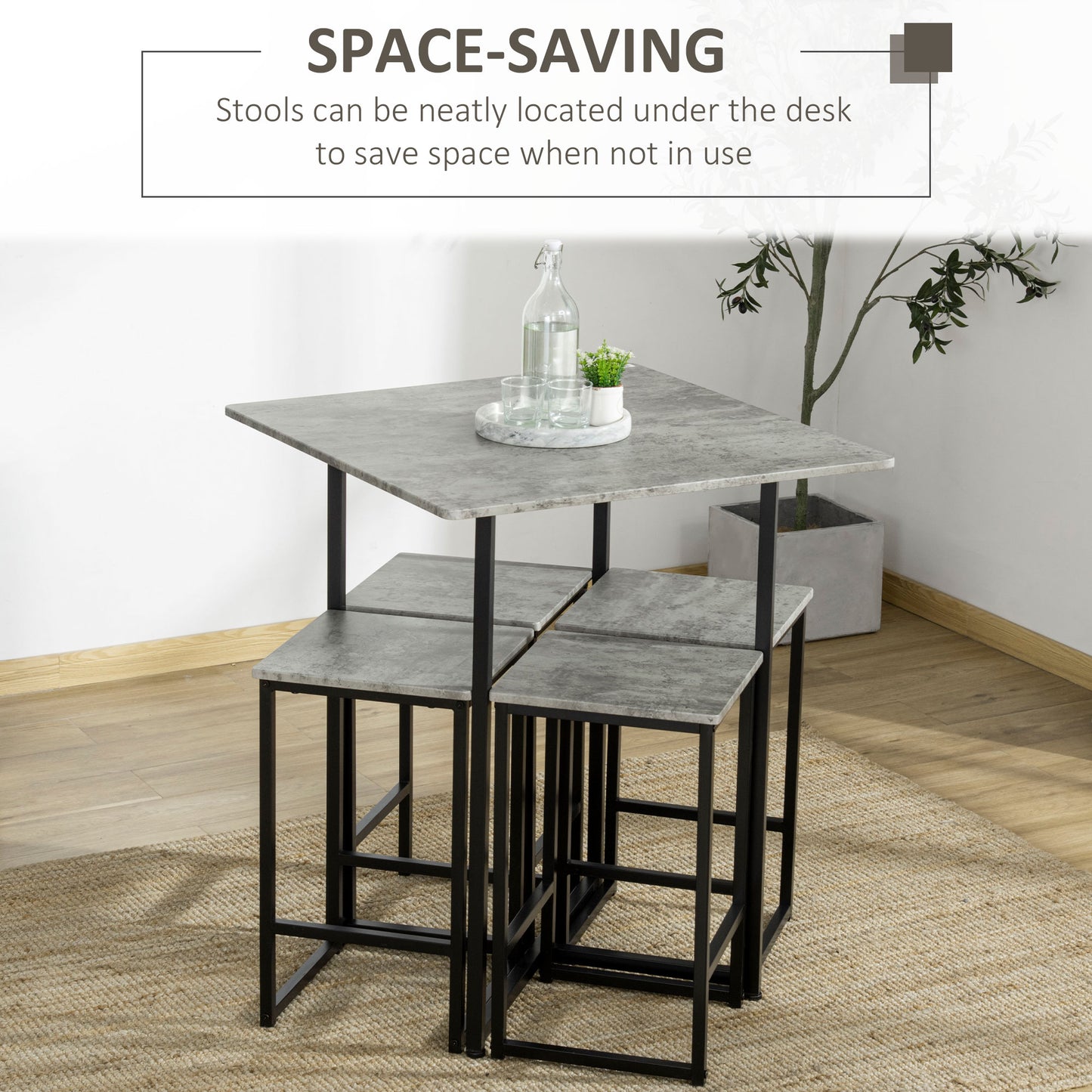 Concrete Effect Square Bar Table Set with Stools for 4 People Grey