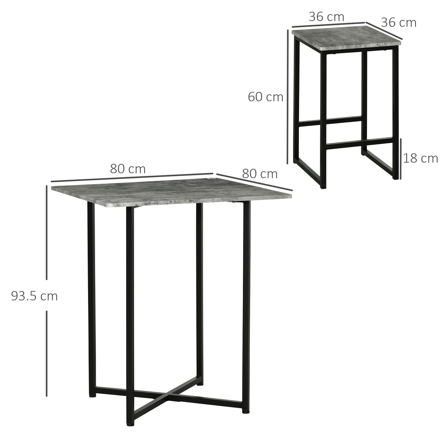 Concrete Effect Square Bar Table Set with Stools for 4 People Grey