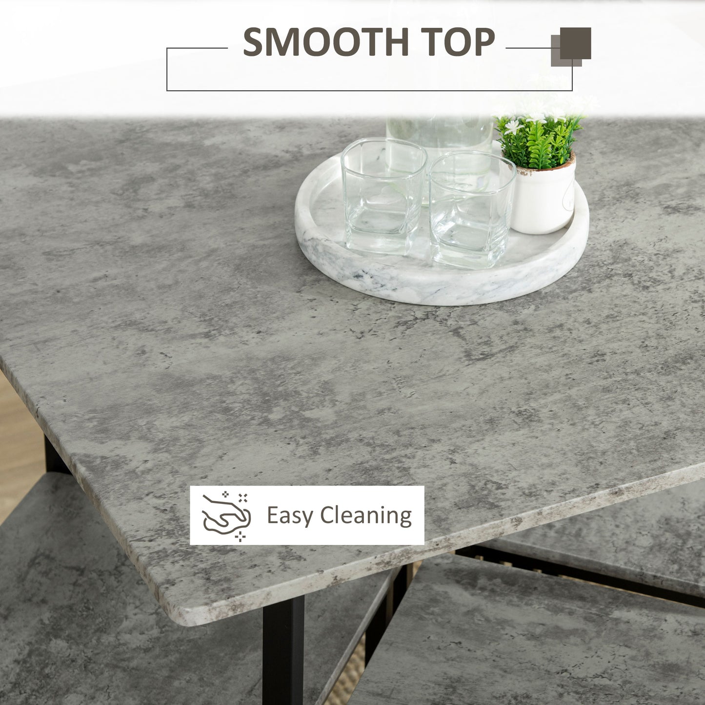 Concrete Effect Square Bar Table Set with Stools for 4 People Grey