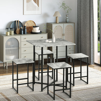 Concrete Effect Square Bar Table Set with Stools for 4 People Grey