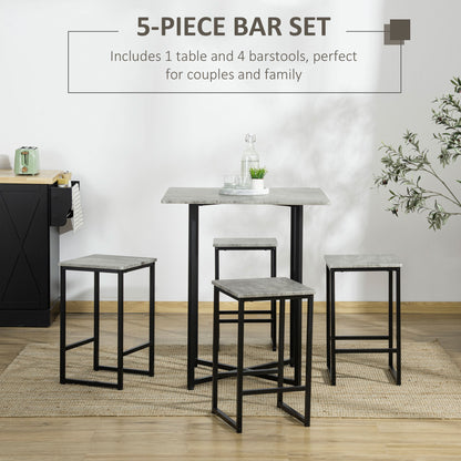 Concrete Effect Square Bar Table Set with Stools for 4 People Grey