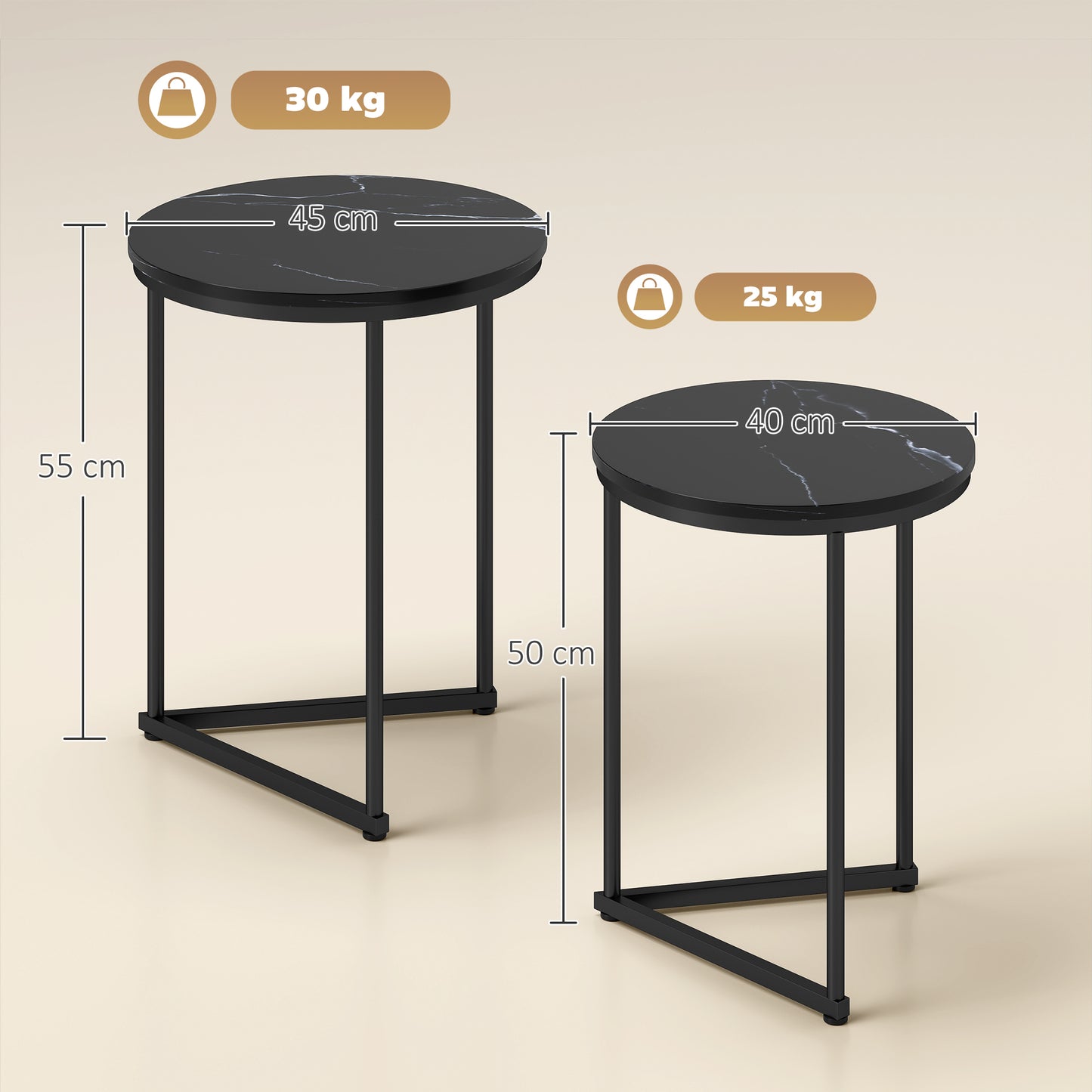 Nesting Coffee Table Set of 2 with Metal Frame, Black Marble Effect