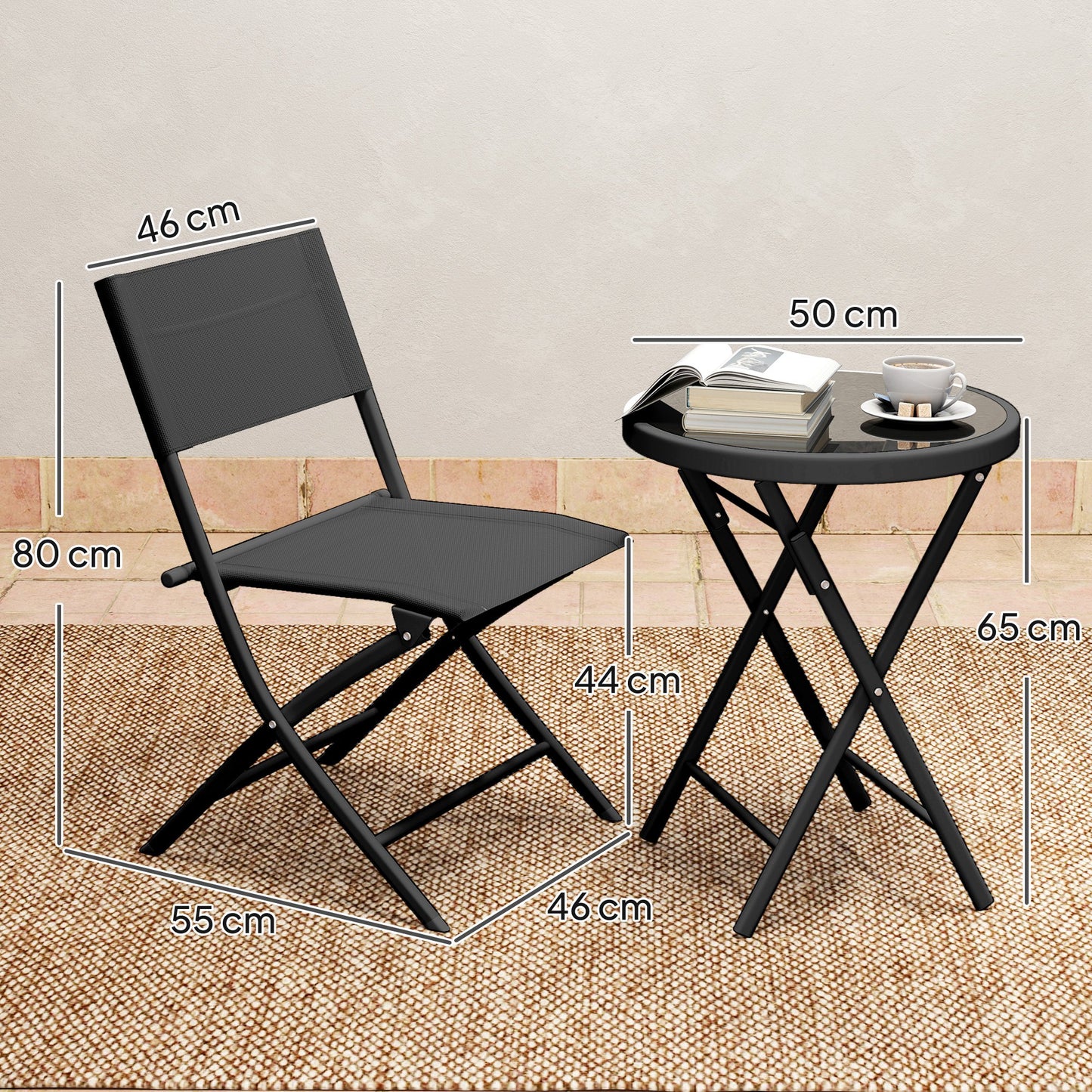 3 Pieces Outdoor Bistro Set, Glass Top Table and Chairs, Black