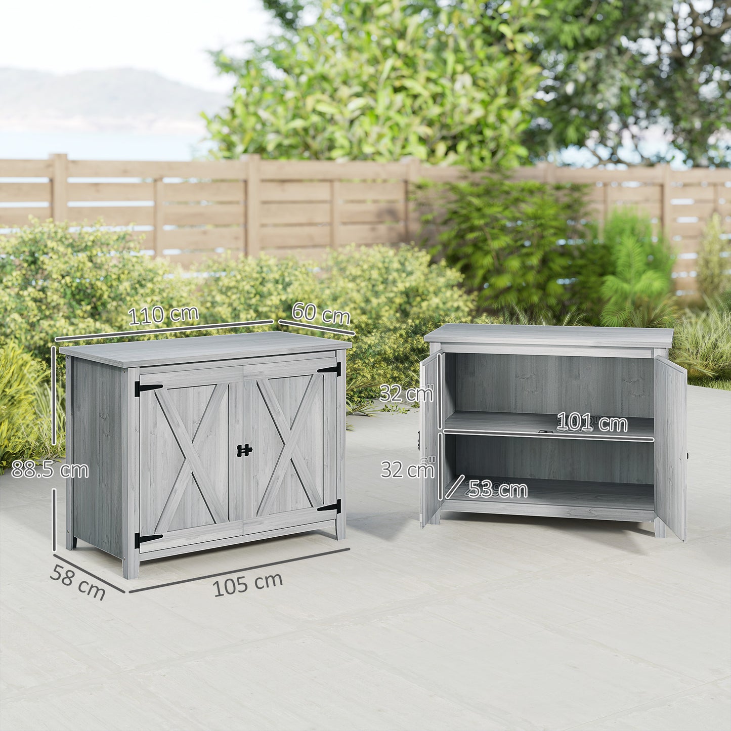 Wooden Garden Shed Tool Cabinet 110 x 60 x 88.5 cm, Light Grey