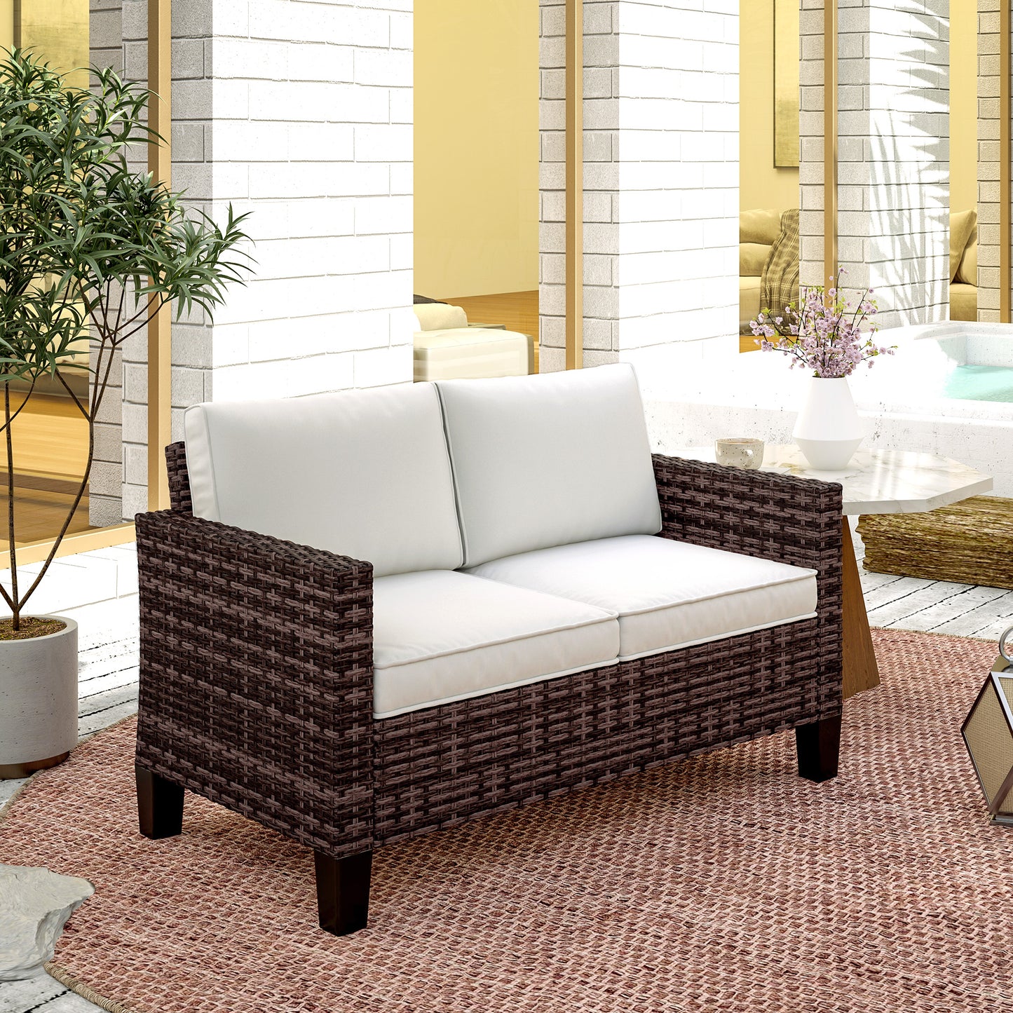 Rattan with Cushions, 2 Seater Garden Furniture, Brown