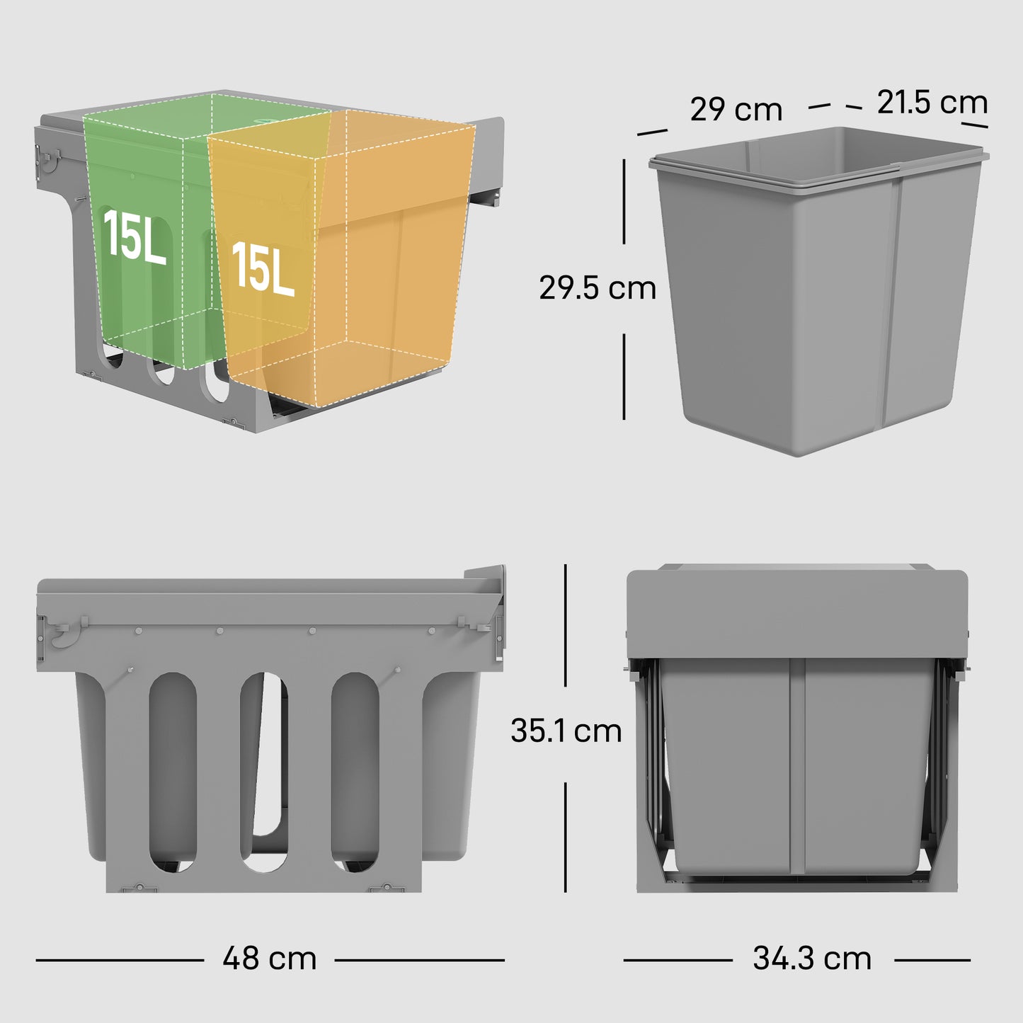 Soft Close Pull Out Bin, Under Sink Bin - 2 Compartments (15L Each)