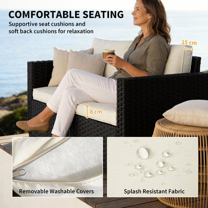 2 Seater Rattan Garden Sofa with Deep Seat, Wide Arms, Black