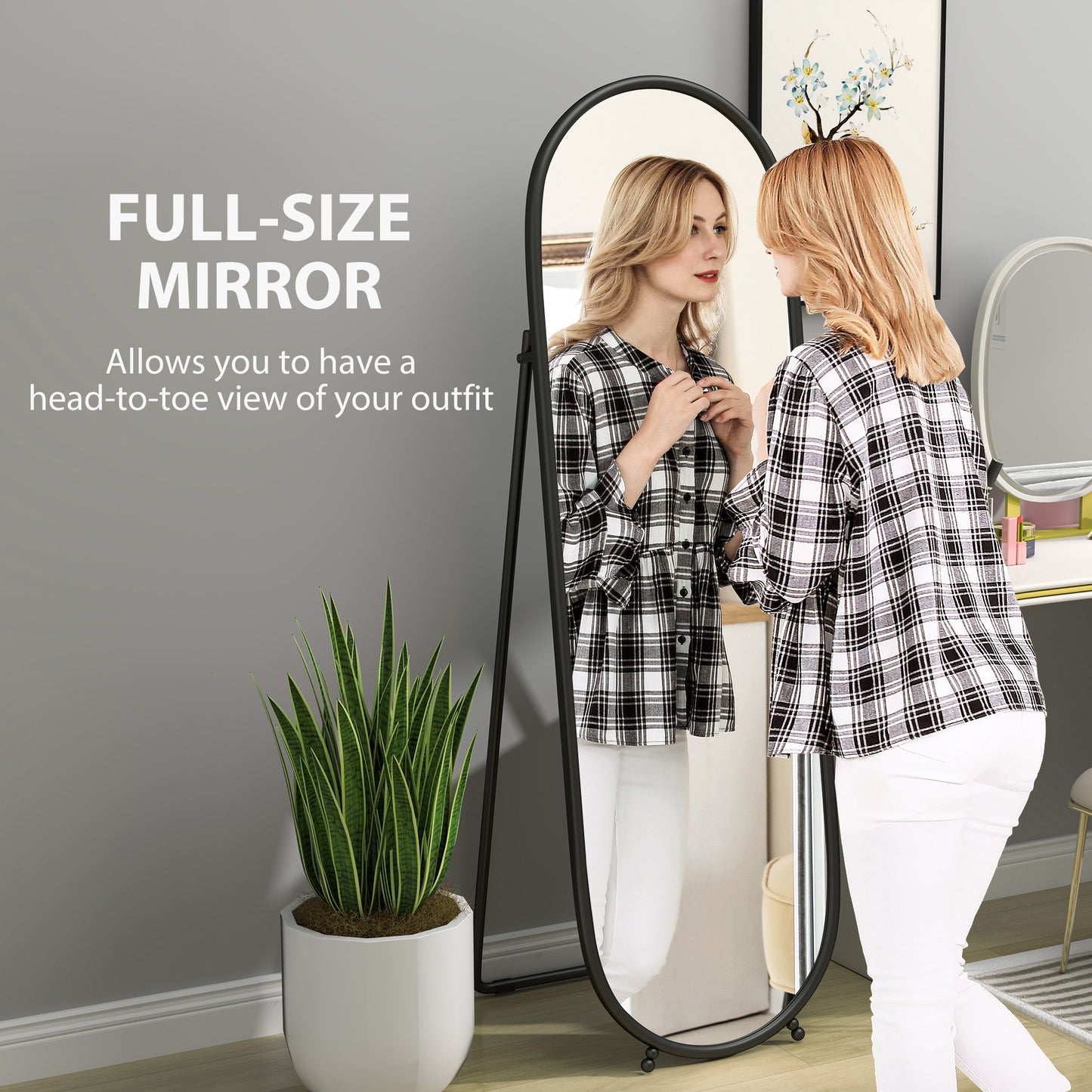 Oval Full Length Mirror with Metal Frame Hanging or Leaning Black