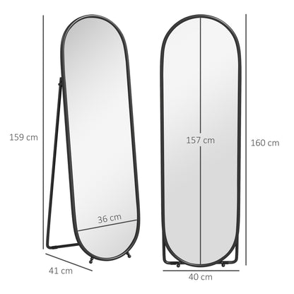 Oval Full Length Mirror with Metal Frame Hanging or Leaning Black