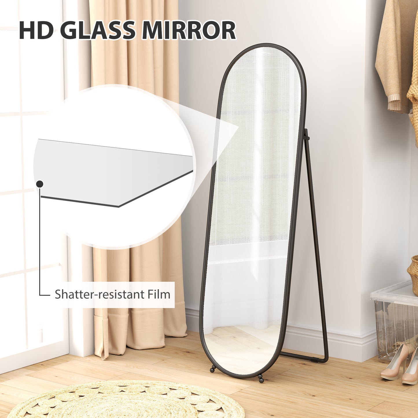 Oval Full Length Mirror with Metal Frame Hanging or Leaning Black